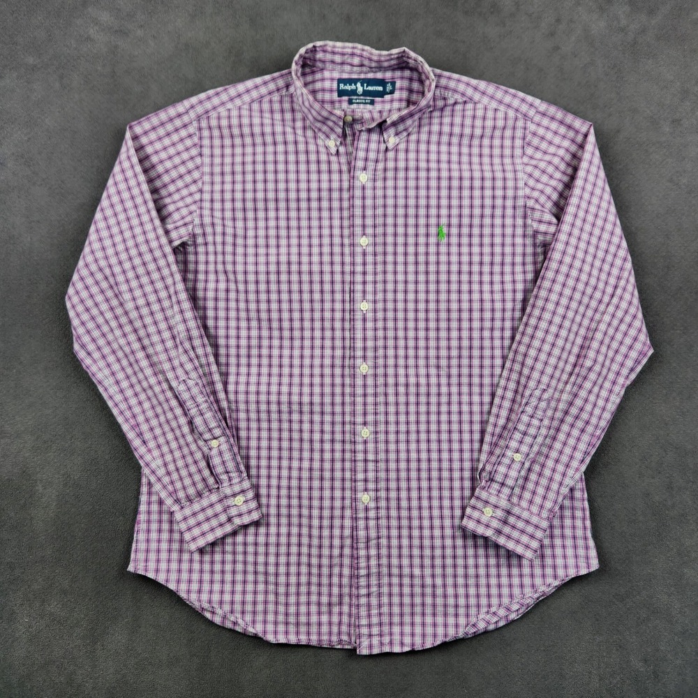 Ralph Lauren Shirt Mens Large Purple‎ White Plaid Classic Fit Button Up Cotton